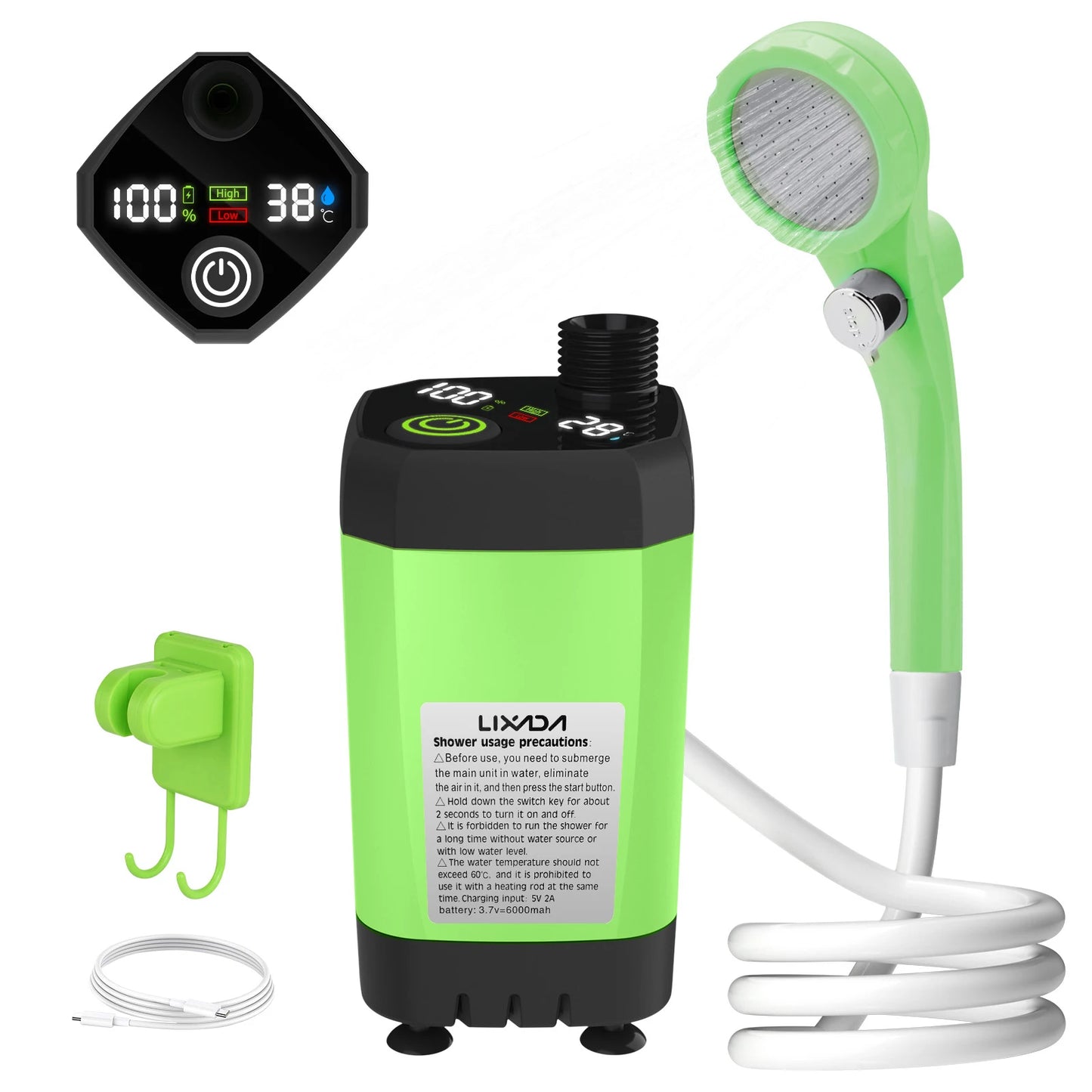 Camping Shower Pump RV Outdoor Shower Kit Camp Shower W/Full Screen Intelligent Digital Display Adjustable 6000Mah Shower Kit